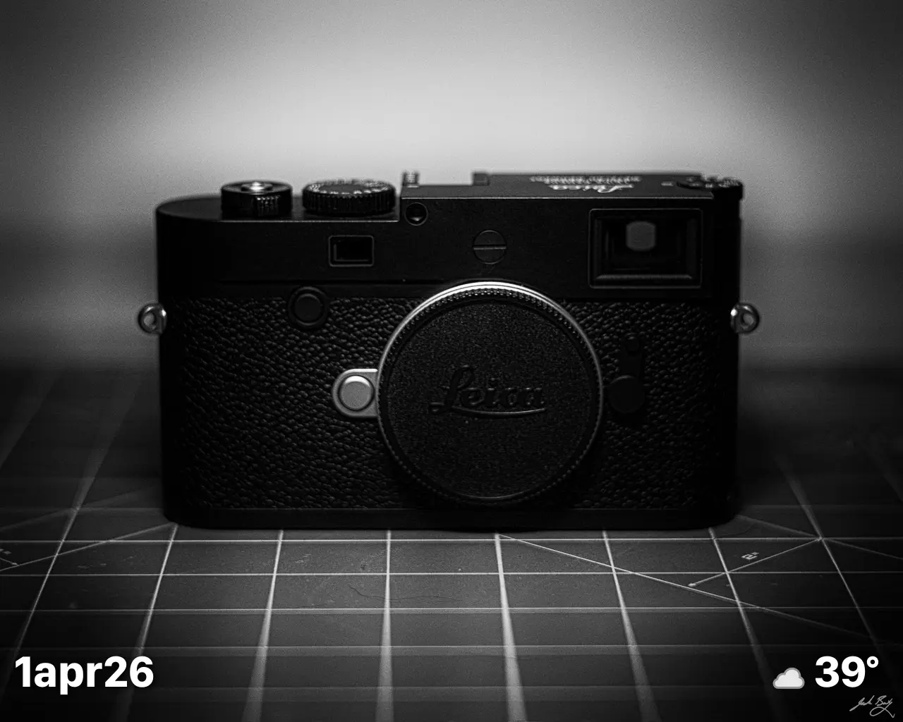 Black and white photo of a black Leica M10-P camera