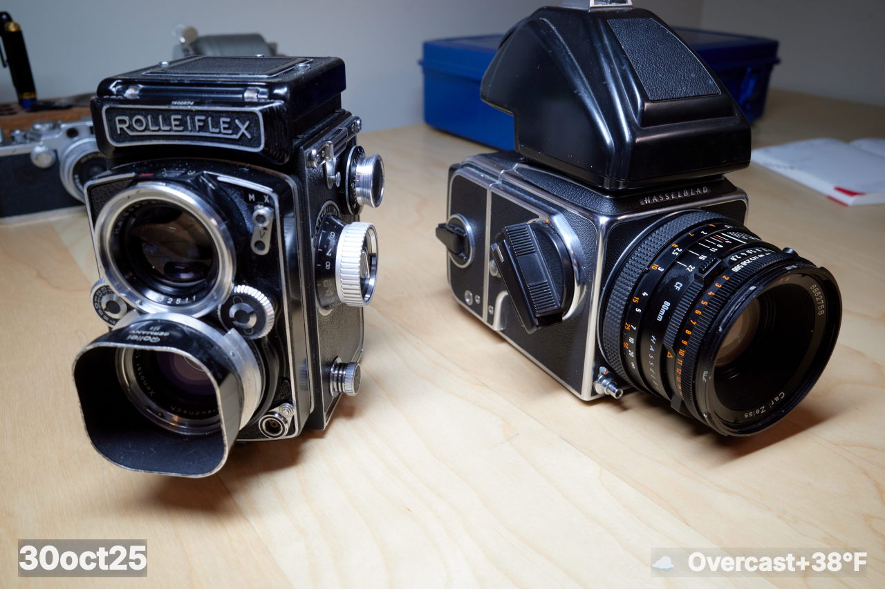 Rolleiflex and Hasselblad on my desk